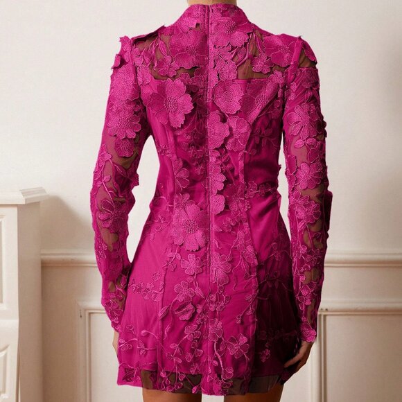 Hot Pink Elegant Women's Long Sleeve Floral Embroidered Party Dress - Picture 3 of 6